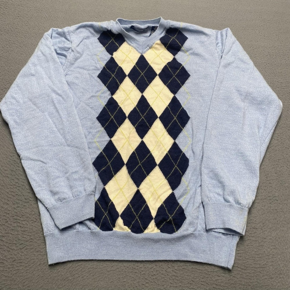 John Ashford Sweater Womens Medium Blue V Neck Argyle Merino Wool Knit Italy